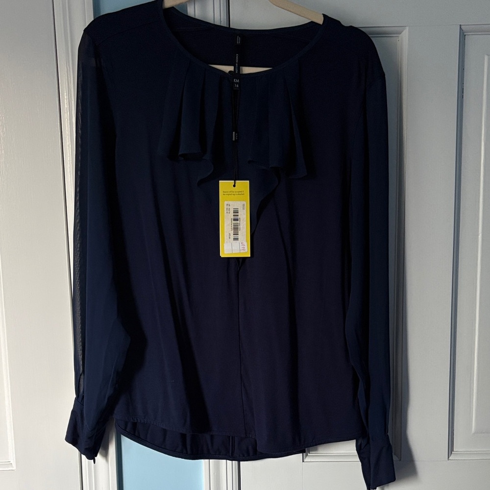 Karen Millen Navy Ruffle-Neck Long Sleeve Blouse